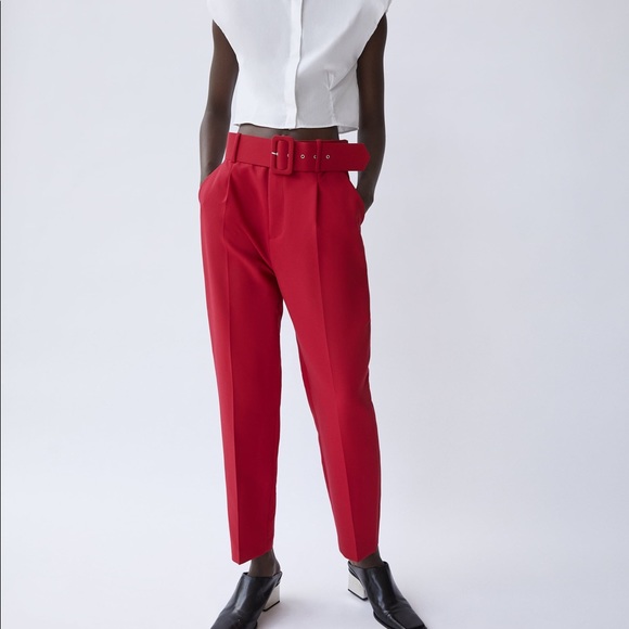Zara red pants with belt Clearance